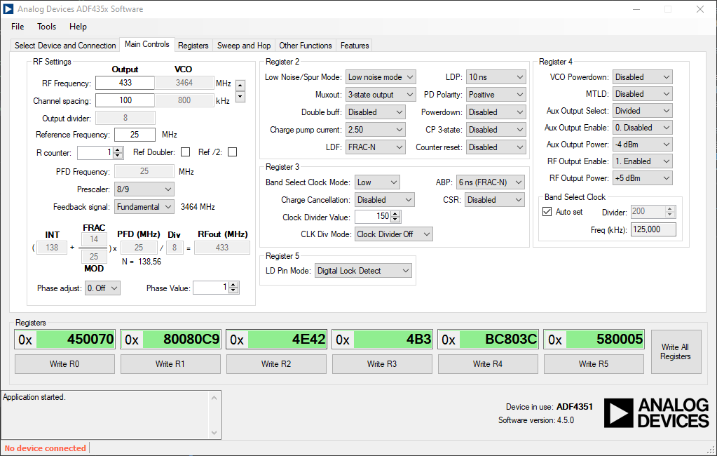  and respective register settings from the software