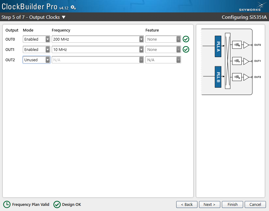 Output frequency selection for the three output channels in ClockBuilder software