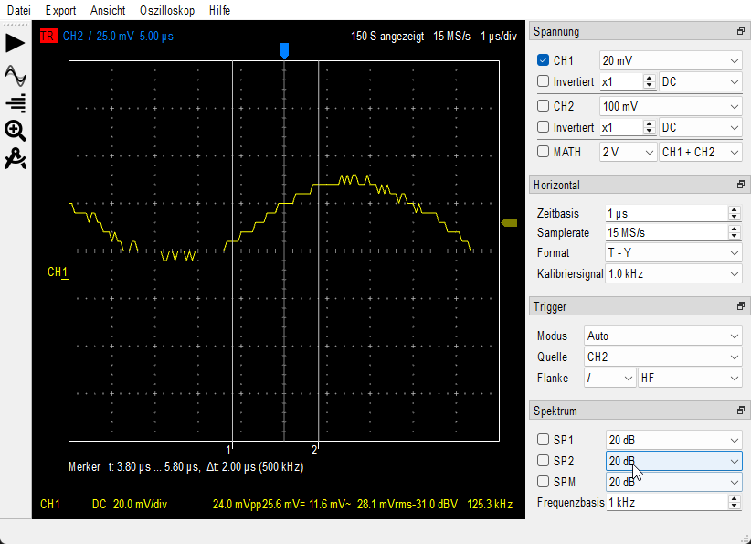 Sine of approx. 30 mVpp sampled on CH1, hitting the resolution limit