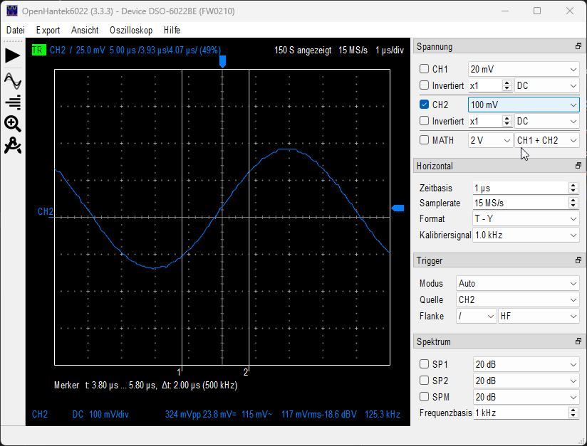 Sine of approx. 30 mVpp sampled on CH2