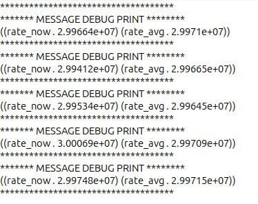 Debug messages showing the achieved sample rate very close to the targeted 30 MSPS