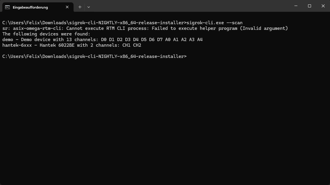 sigrok-cli to list compatible devices and flash fx2lafw