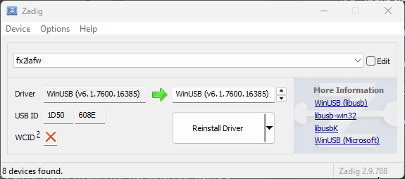 Zadig driver for fx2lafw