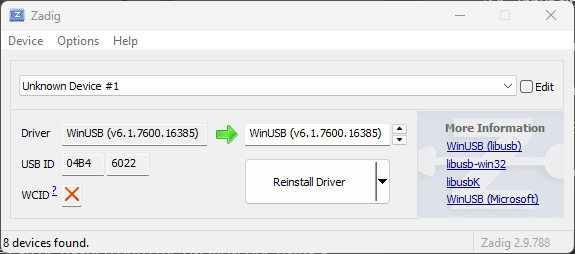 Zadig driver for stock firmware